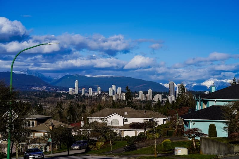 Suburban homes with city skyline and mountains